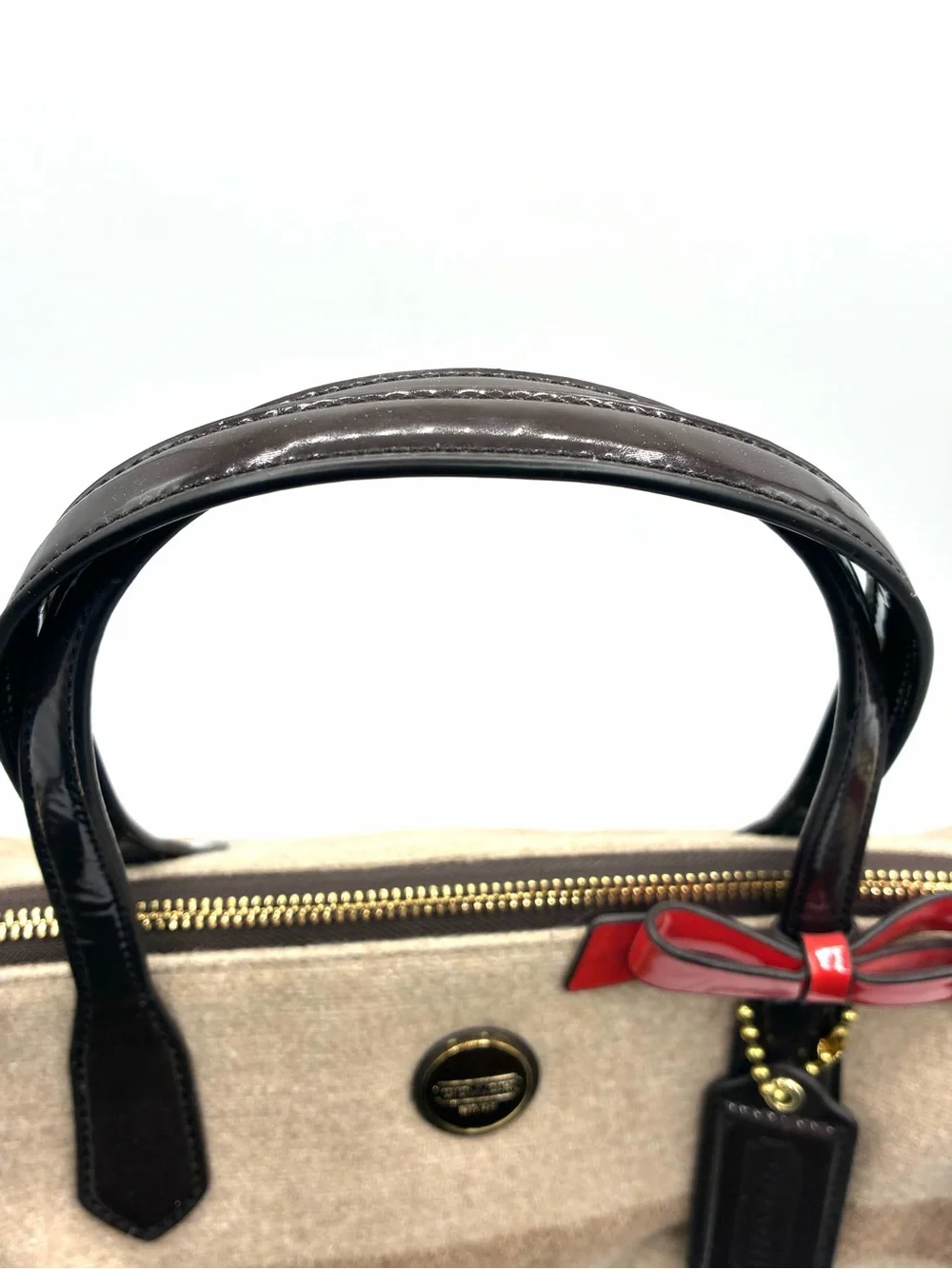 Coach Wool Stripe Satchel Bow Bag F24784 Beige Brown